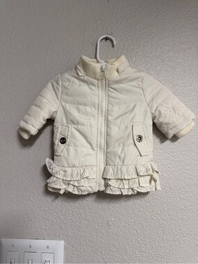 Starting Out Cream Quilted Ruffle Puffer Jacket